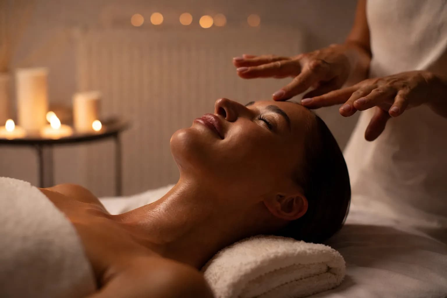 Femme recevant un massage du visage dans un cadre chaleureux avec bougies — institut de beauté Taraya