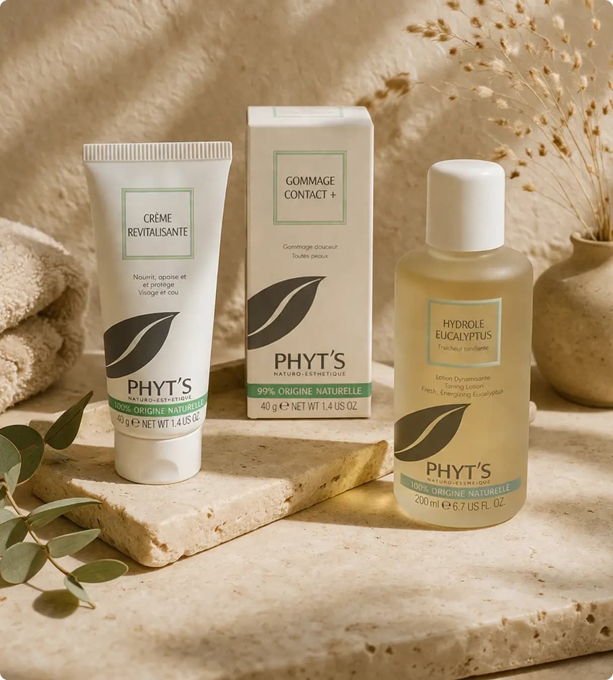 Gamme de produits Phyt's bio — crème revitalisante, gommage et hydrolé eucalyptus utilisés chez Taraya Institut
