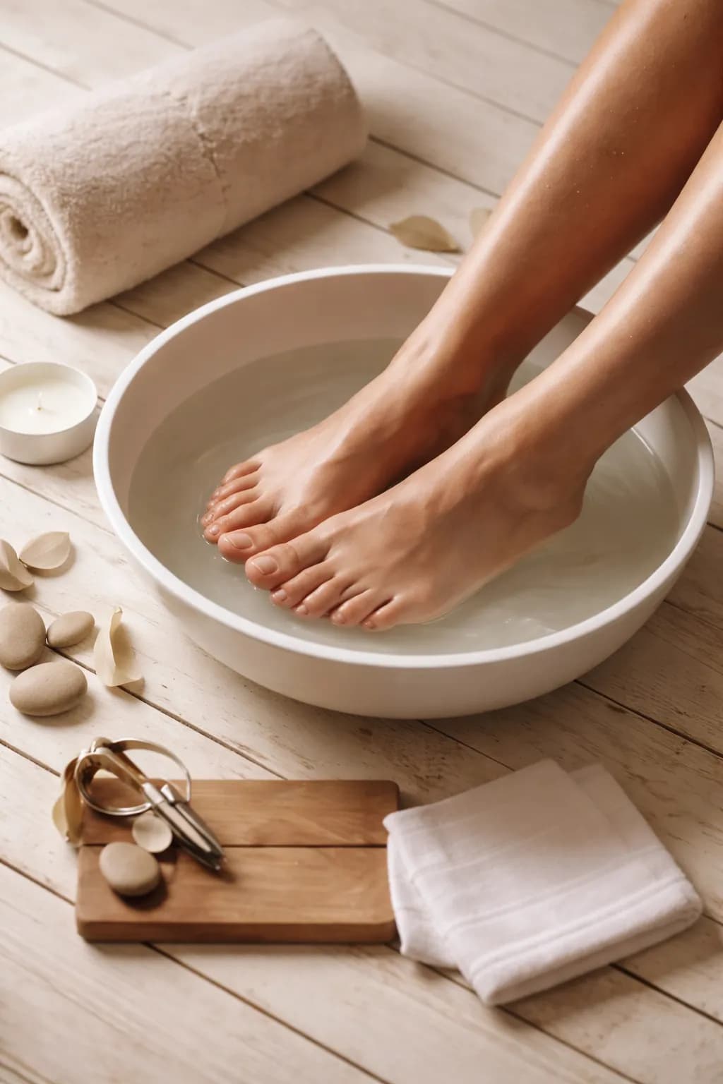 Bain de pieds dans un bassin en céramique avec pierres décoratives — pédicure esthétique et médicale Taraya